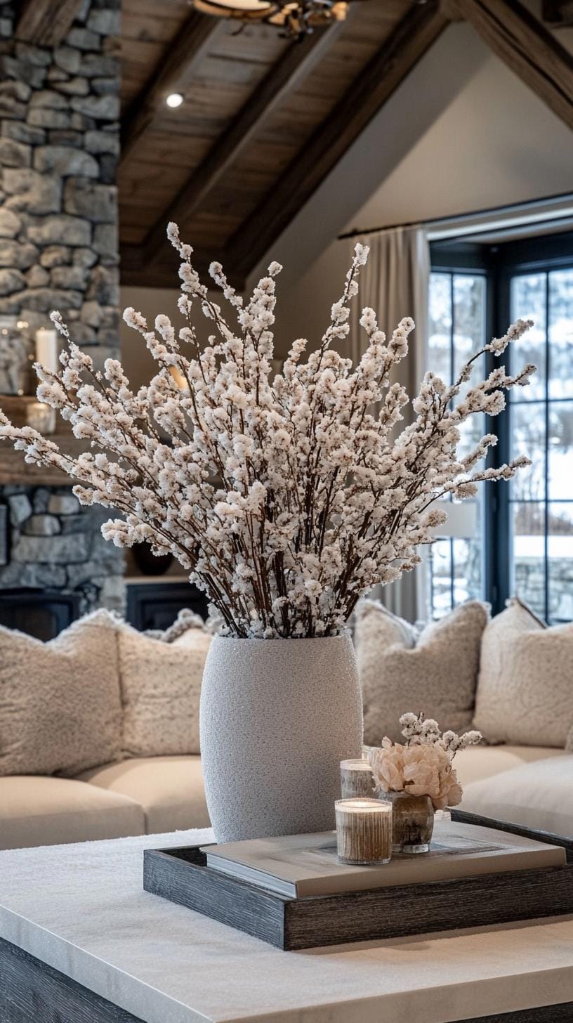 21 Cozy organic modern living room ideas for copying 62 20. Faux snow-covered branches in neutral vases for a winter touch-2