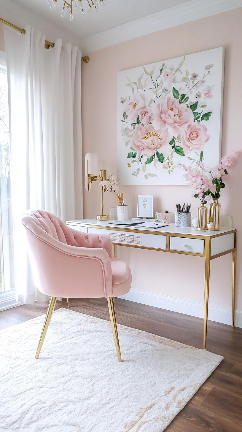 21 clever small office ideas for home and work areas 32 12. Feminine office with flower art and soft palette-0