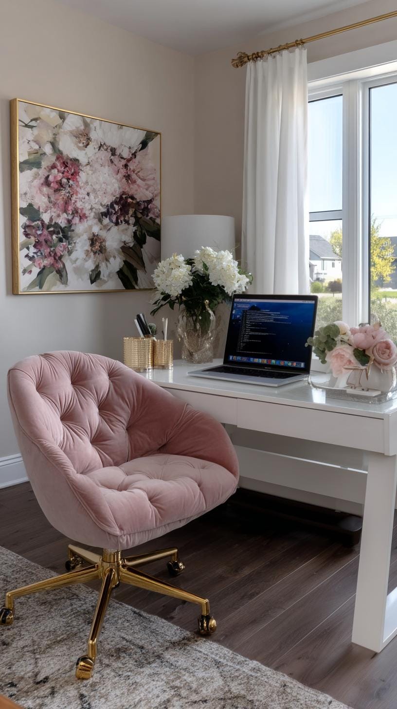 21 clever small office ideas for home and work areas 33 12. Feminine office with flower art and soft palette-1