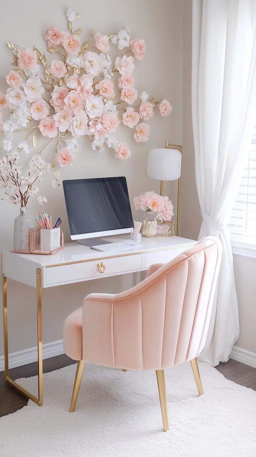 21 clever small office ideas for home and work areas 34 12. Feminine office with flower art and soft palette-2
