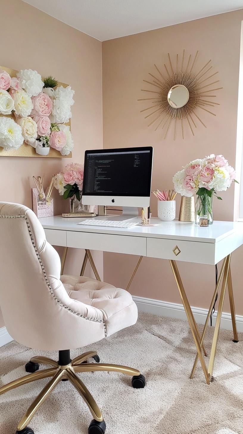 31 Home Office Ideas to Upgrade Your Work From Home Setup 16 5. Feminine workspace with soft pink and gold decor-0