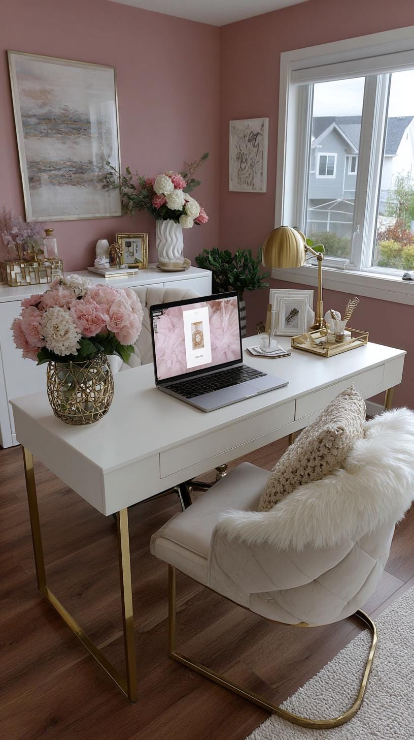 31 Home Office Ideas to Upgrade Your Work From Home Setup 17 5. Feminine workspace with soft pink and gold decor-1