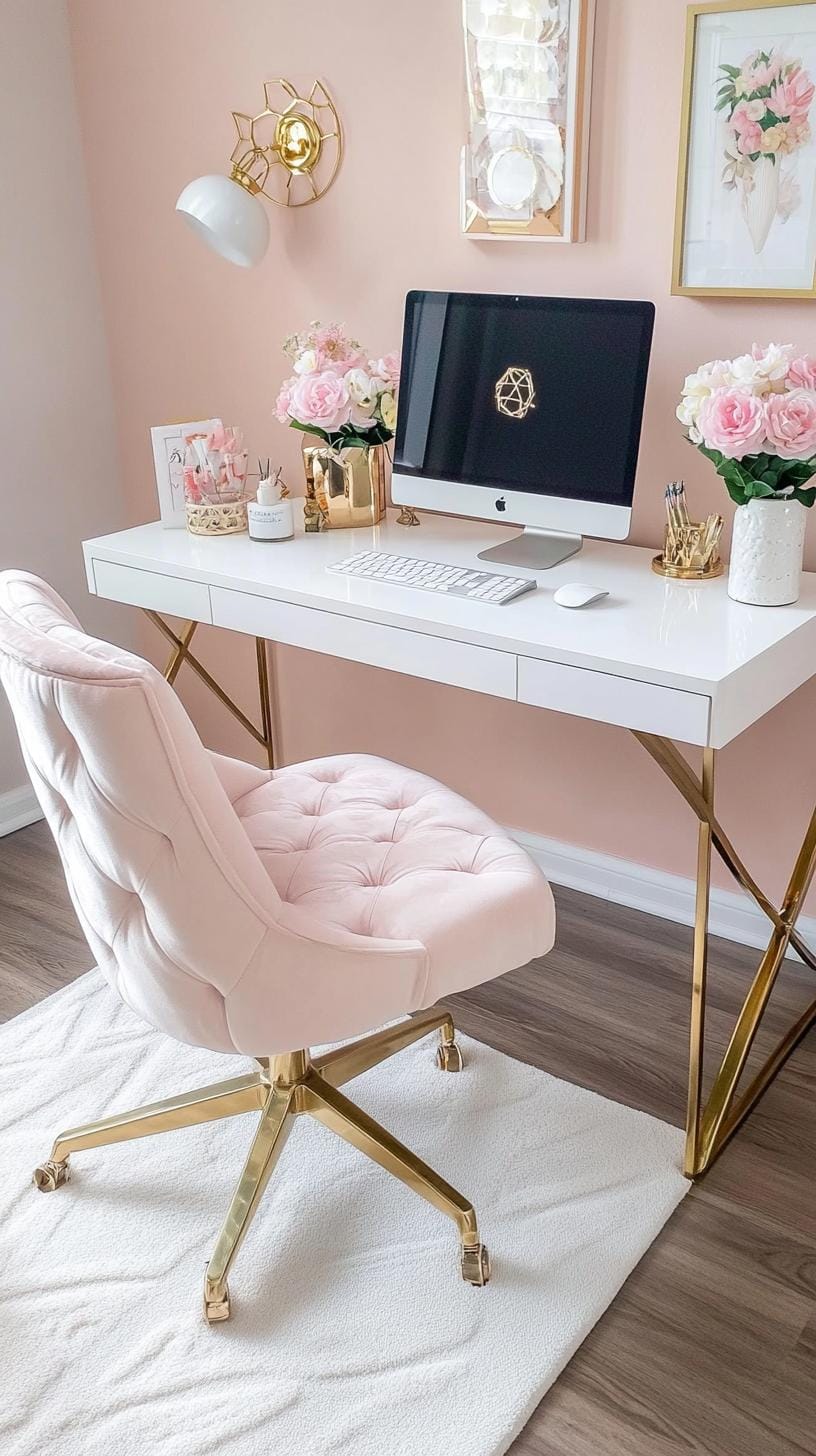 31 Home Office Ideas to Upgrade Your Work From Home Setup 18 5. Feminine workspace with soft pink and gold decor-2