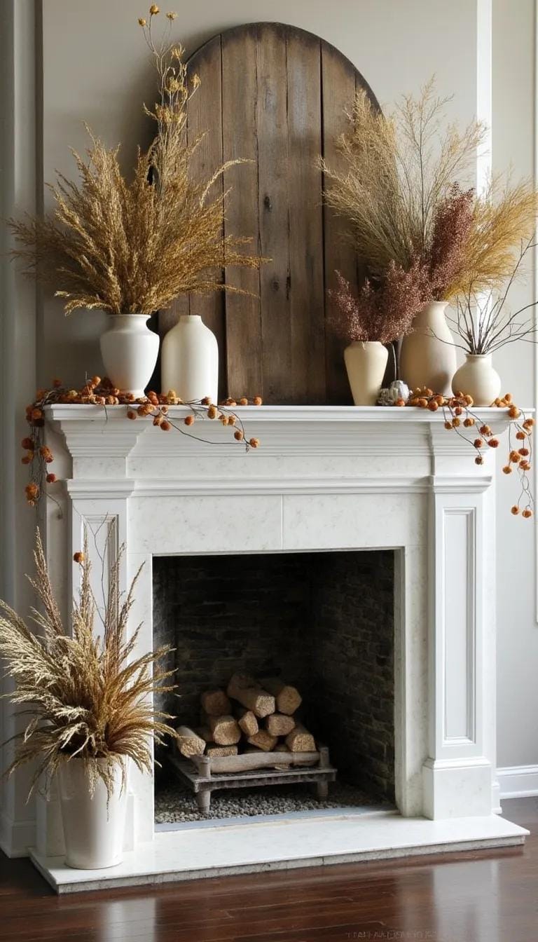 21 Cozy organic modern living room ideas for copying 56 19th fireplace coat with dried leaves and modern vase-0 decorated