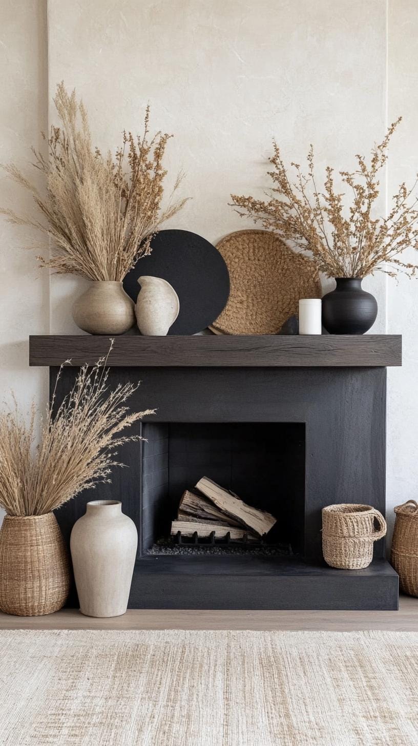 21 Cozy organic ideas for modern living room to copy 57 19th fireplace coat with dried leaves and modern vase-1 decorated