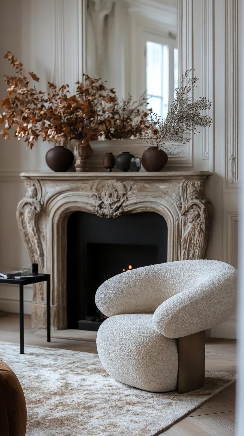 21 Cozy organic modern living room ideas for copying 58 19th fireplace coat with dried leaves and modern vase-2 decorated