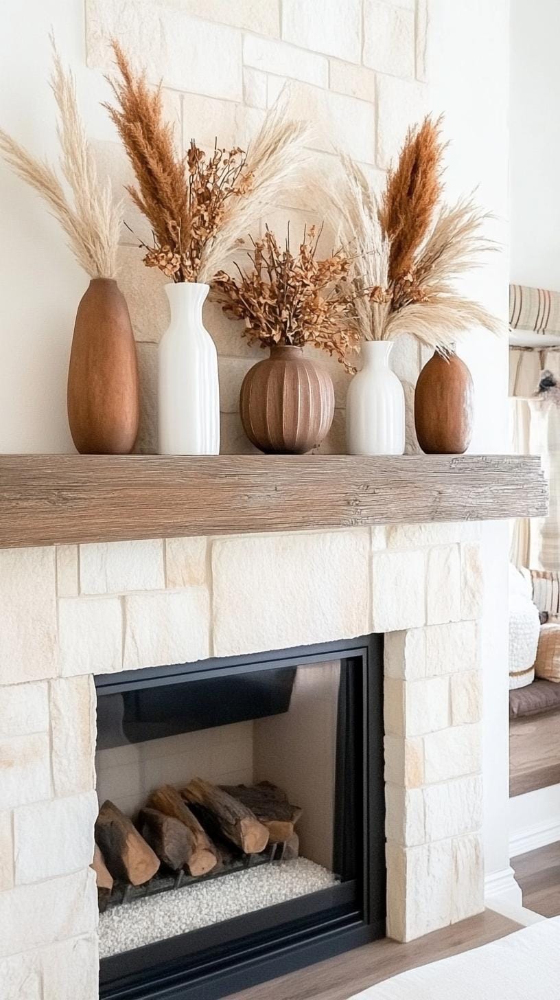 21 Cozy organic modern living room ideas for copying 59 59 19th fireplace coat with dried leaves and modern vase-3 decorated