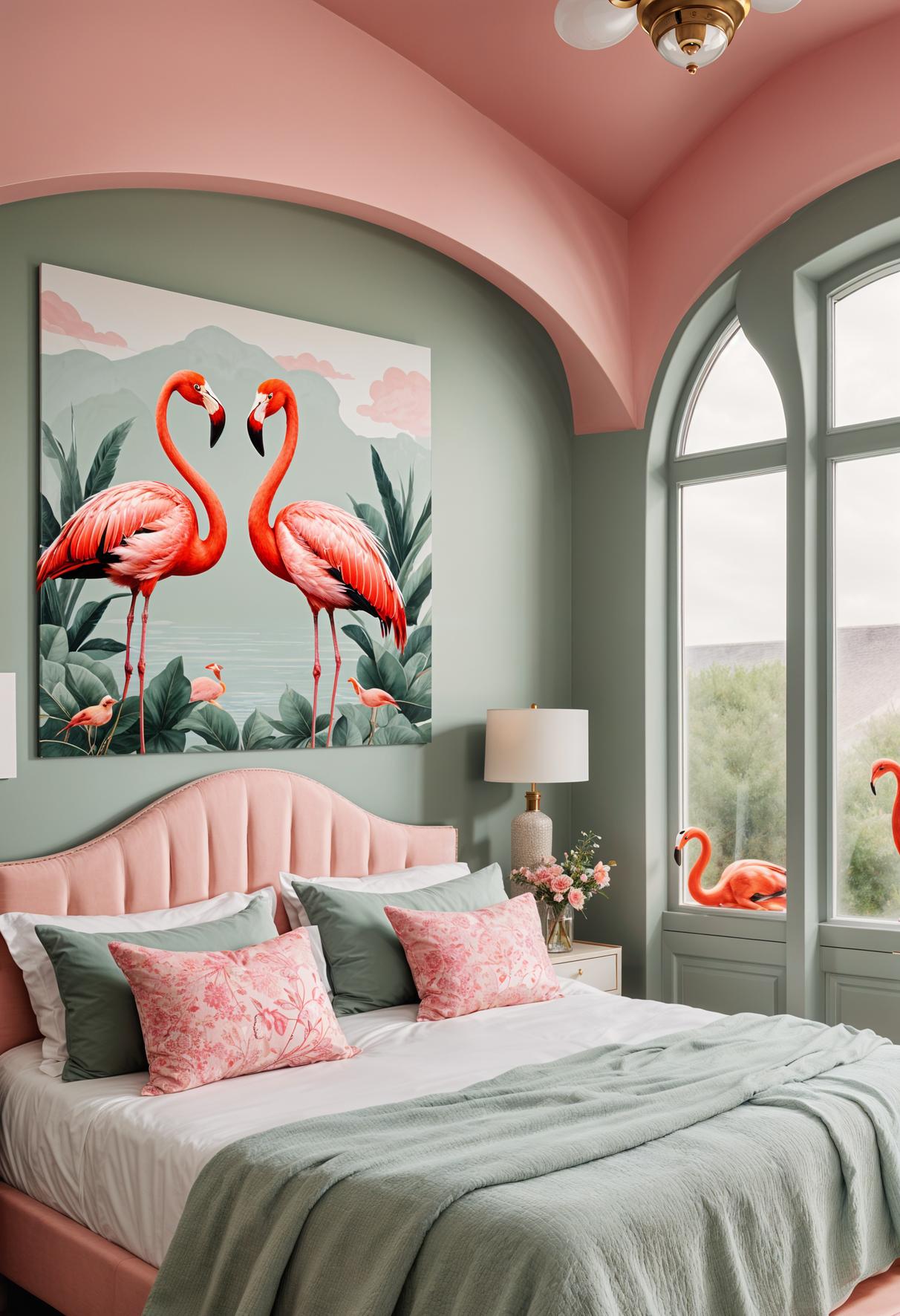 31 Chic Sage Green and Pink Bedroom Inspirations 8 3. Flamingo Decals on Sage Walls-1
