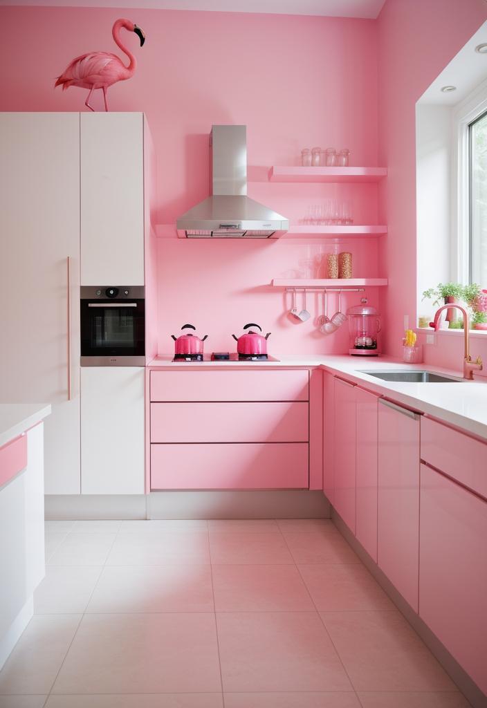 35 Charming Pink Kitchen Ideas: a Feminine Flair in Your Cooking Space 6 4. Flamingo Pink Wall Statement-0