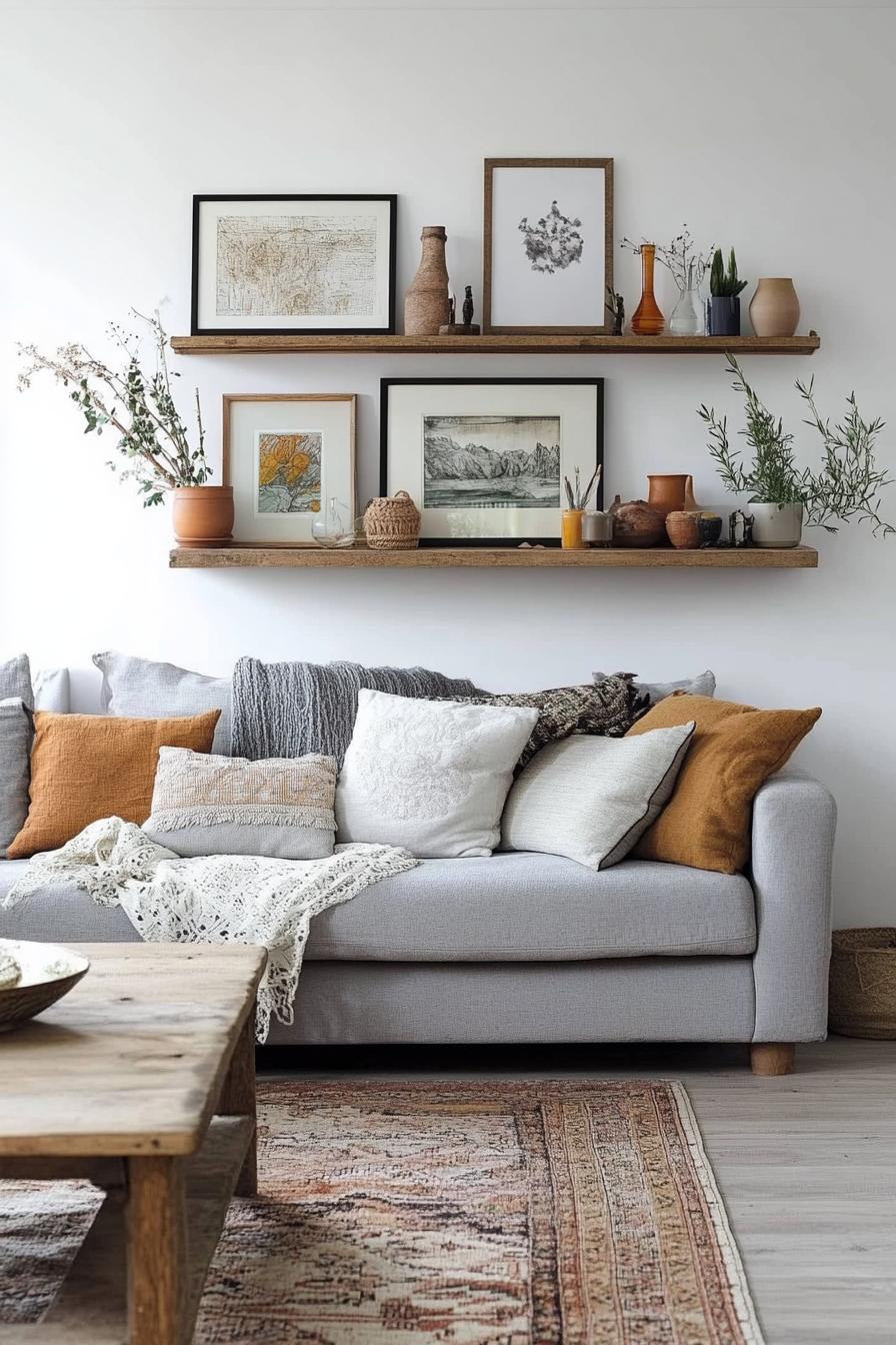 20 breathtaking living room wall decor ideas 6 2. Floating art shelves display-0