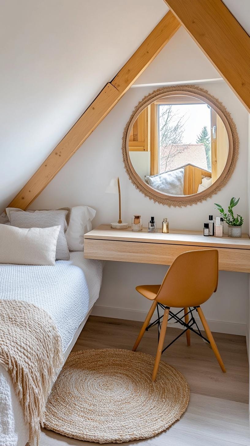 15 Genius Small attic bedroom ideas to maximize the room 12 4. Floating beauty table with mirror: a compact vanity that saves space and adds elegance-0 at the same time