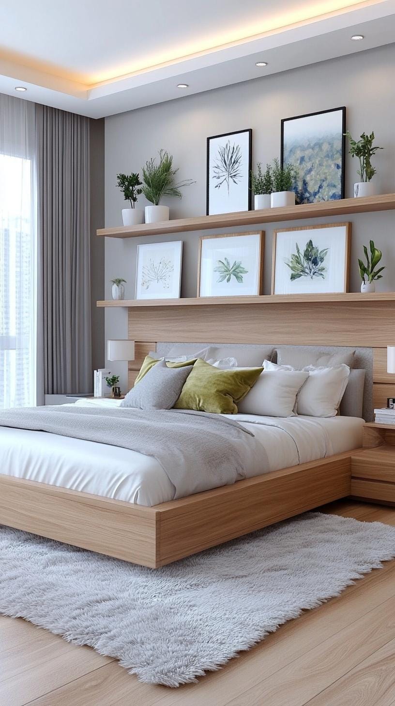 21 new bedroom ideas for your 2025 refreshment 19 6. Floating bookshelves above the bed with a framed Art-0