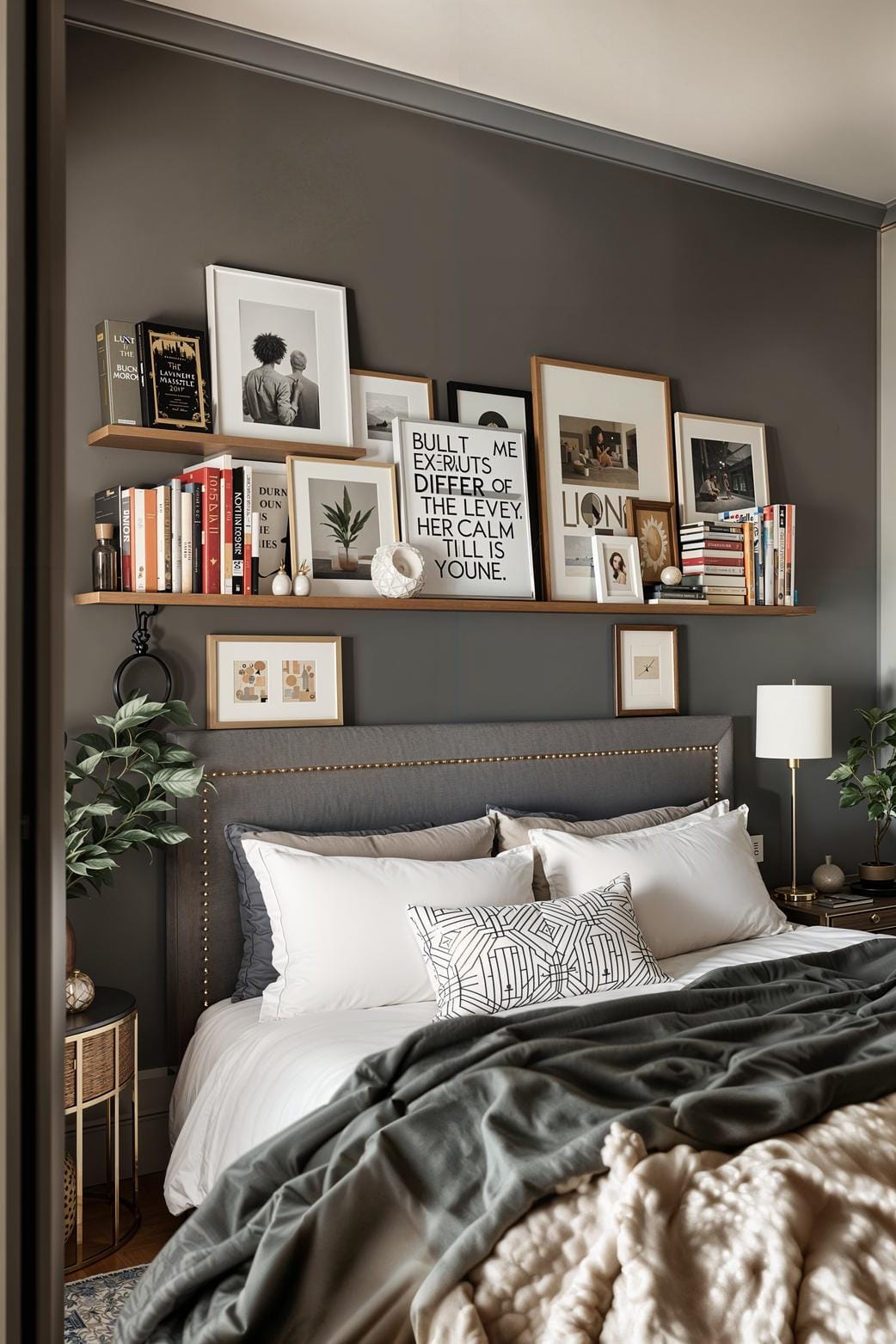 21 new bedroom ideas for your 2025 refreshment 20 6. Floating bookshelves above the bed with a framed Art-1