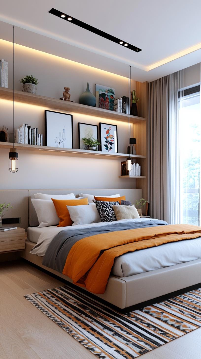 21 new bedroom ideas for your 2025 refreshment 21 6. Floating bookshelves above the bed with a framed Art-2