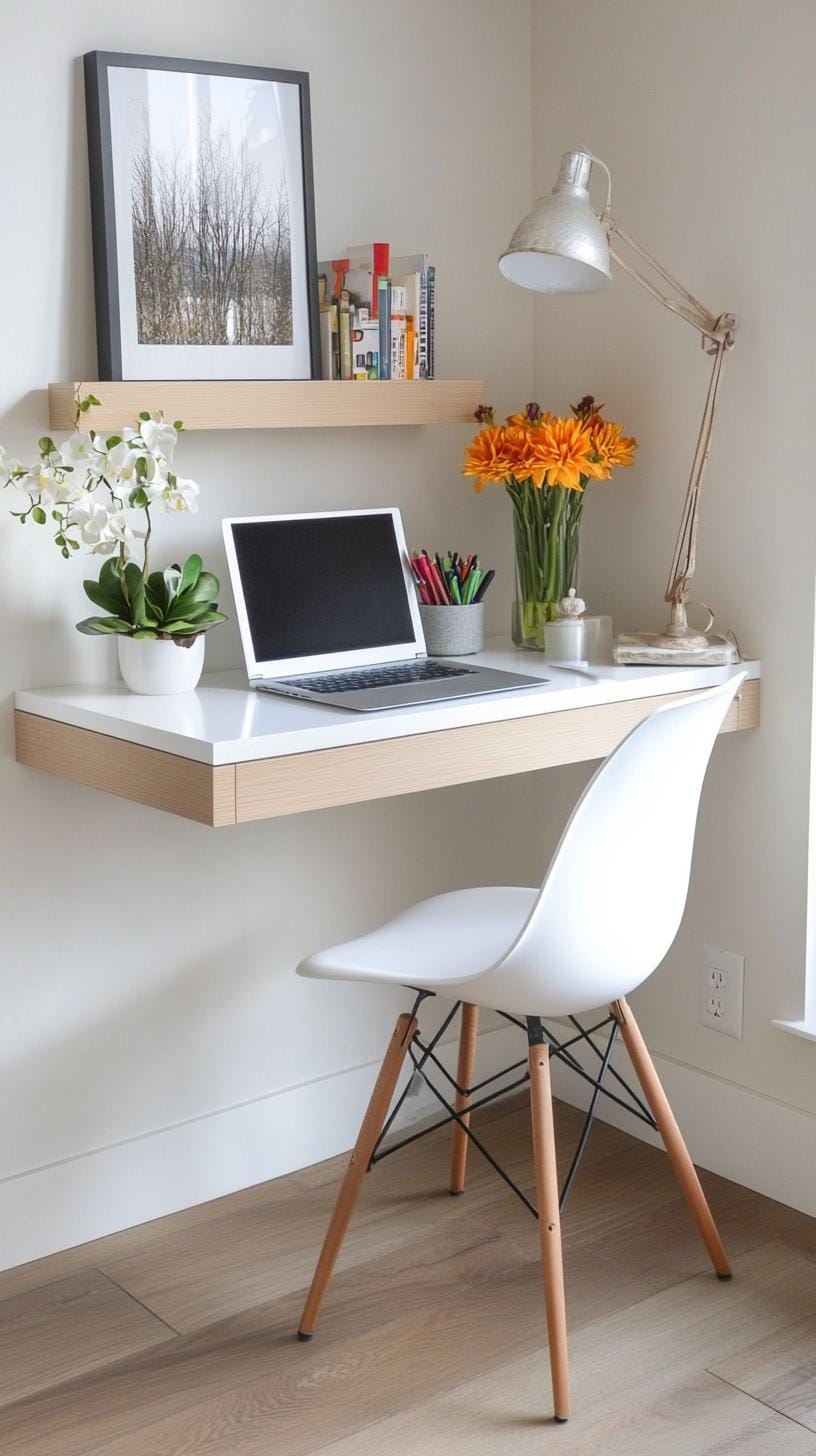 31 Home Office Ideas to Upgrade Your Work From Home Setup 44 15. Floating desk and vertical storage for tight corners-0