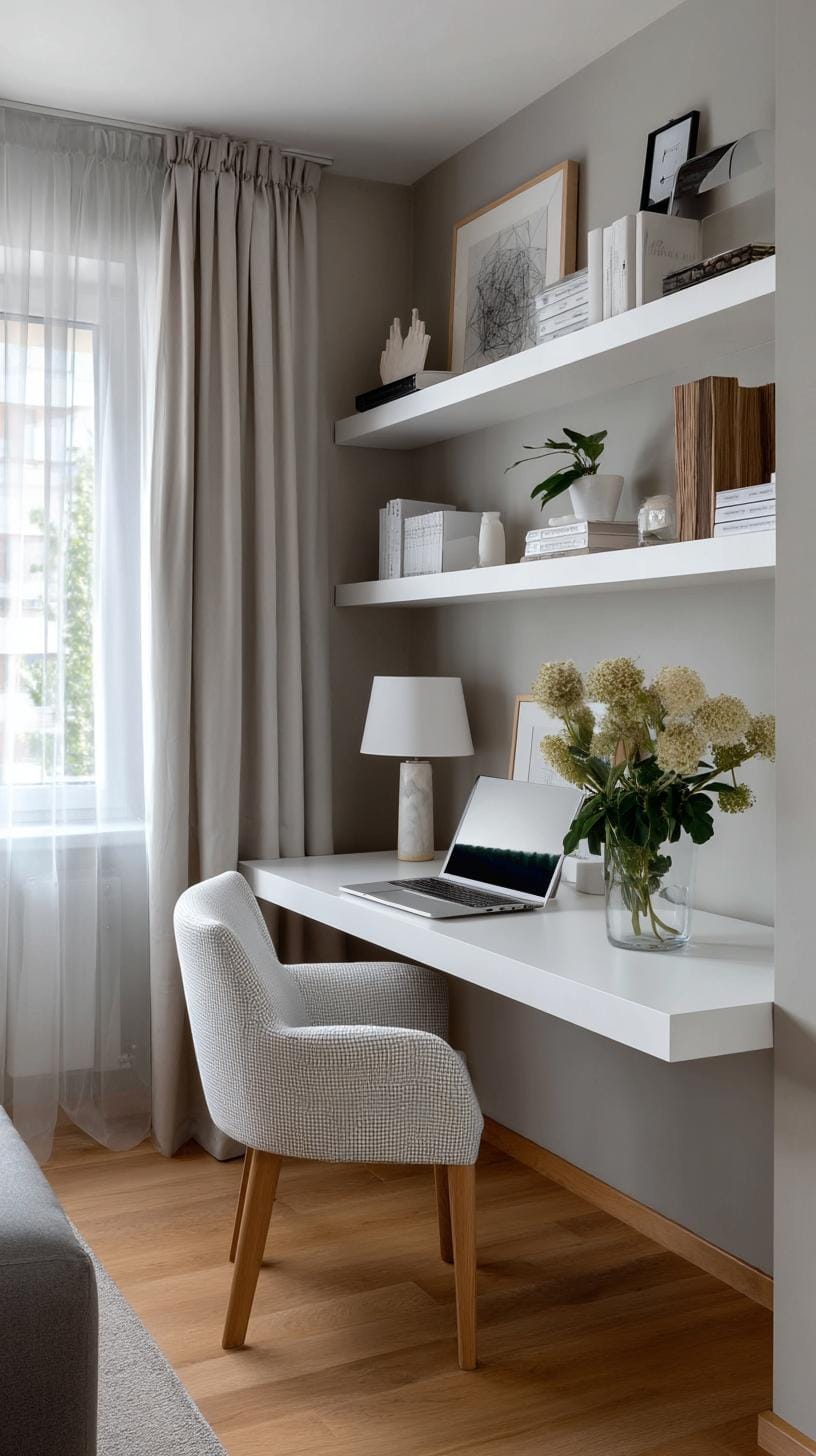 31 Home Office Ideas to Upgrade Your Work From Home Setup 45 15. Floating desk and vertical storage for tight corners-1