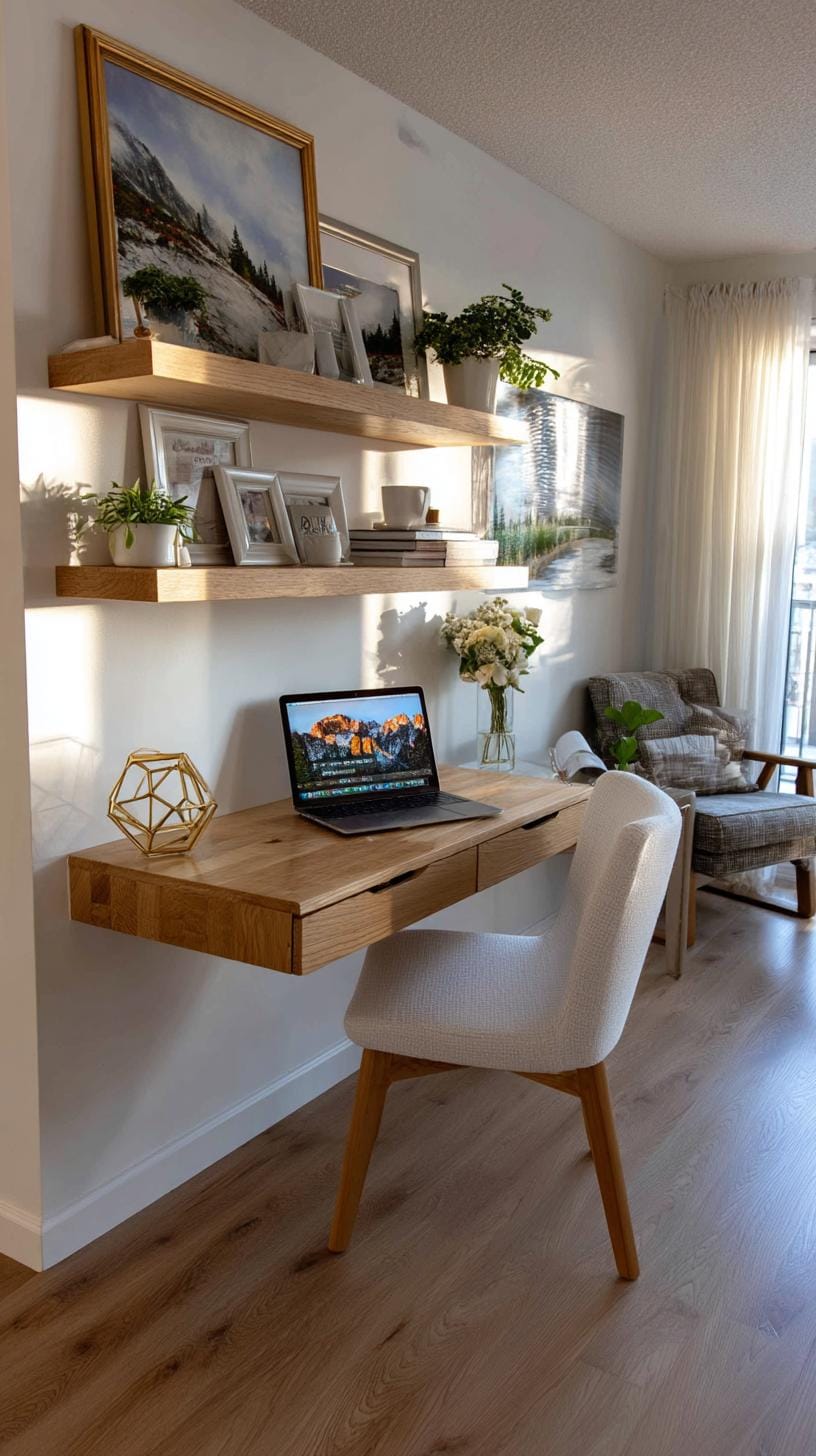 21 clever small office ideas for home and work areas 8 2. Floating desk with minimally assembled shelf-0