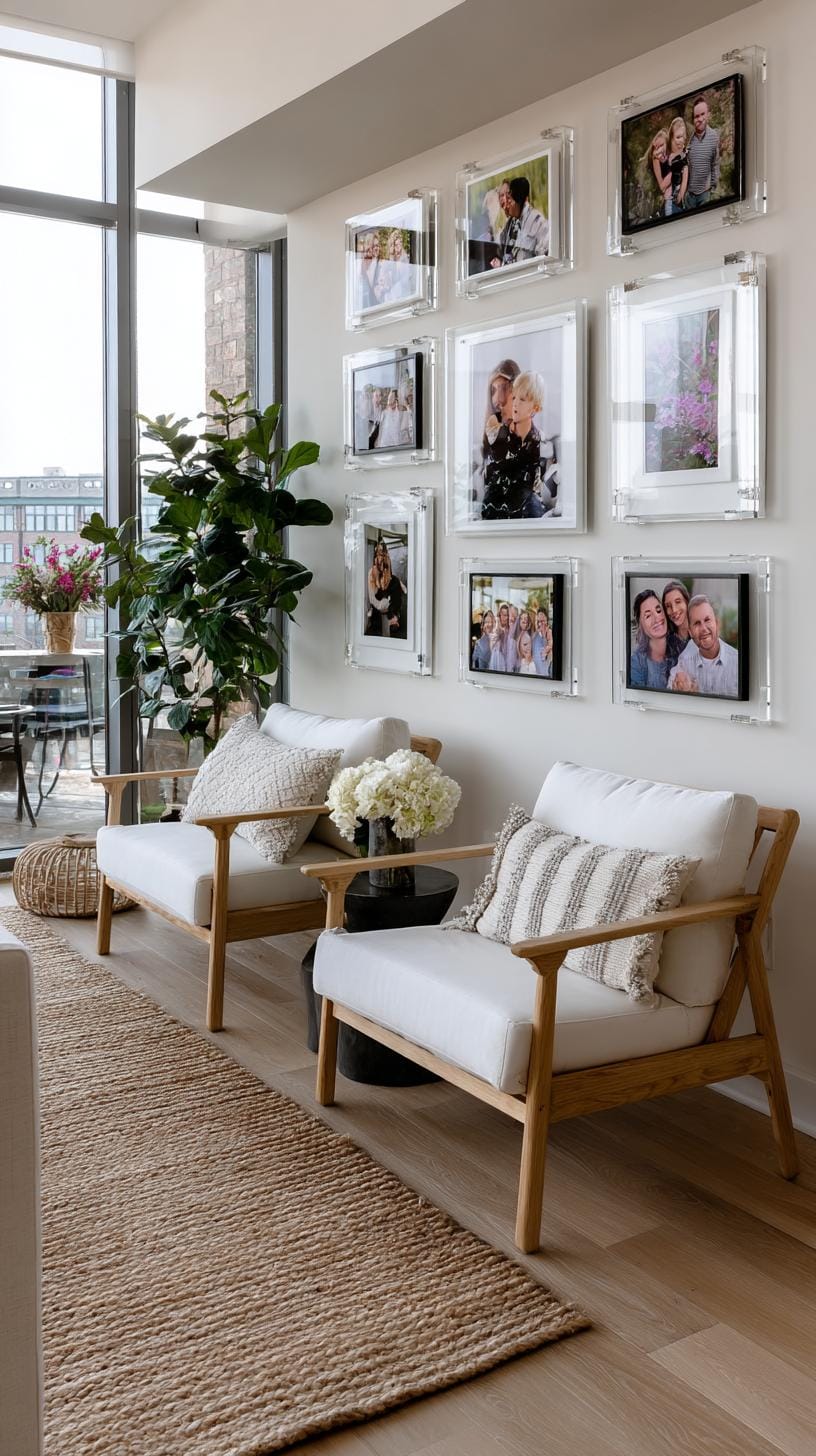 37 Gallery Wall Decor Ideas: Layouts And Styles to Elevate Any Room 73 24. Floating frame wall made of transparent or acrylic frames with space around them-0