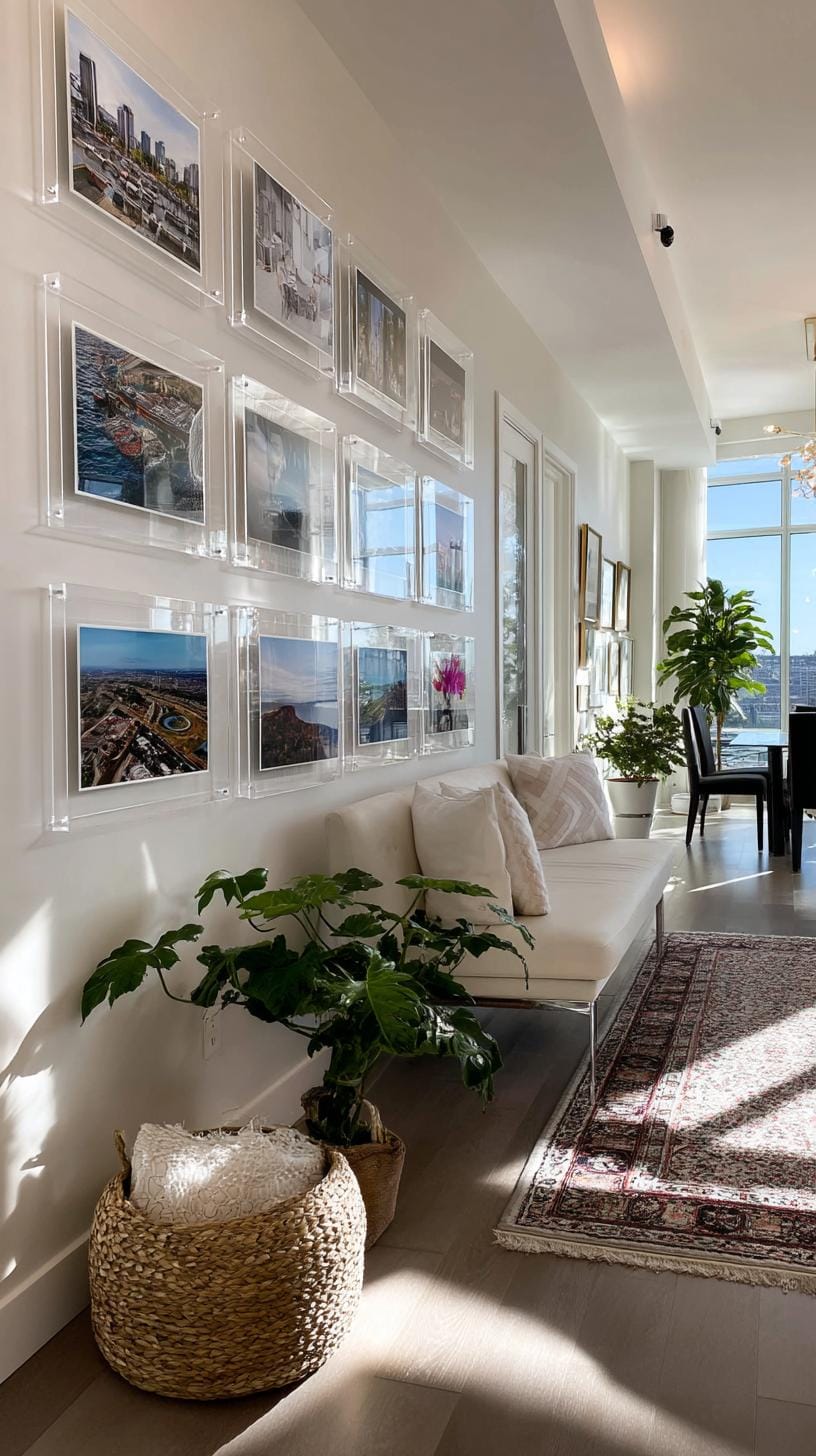 37 Gallery Wall Decor Ideas: Layouts And Styles to Elevate Any Room 74 24. Floating frame wall made of transparent or acrylic frames with space around them-1