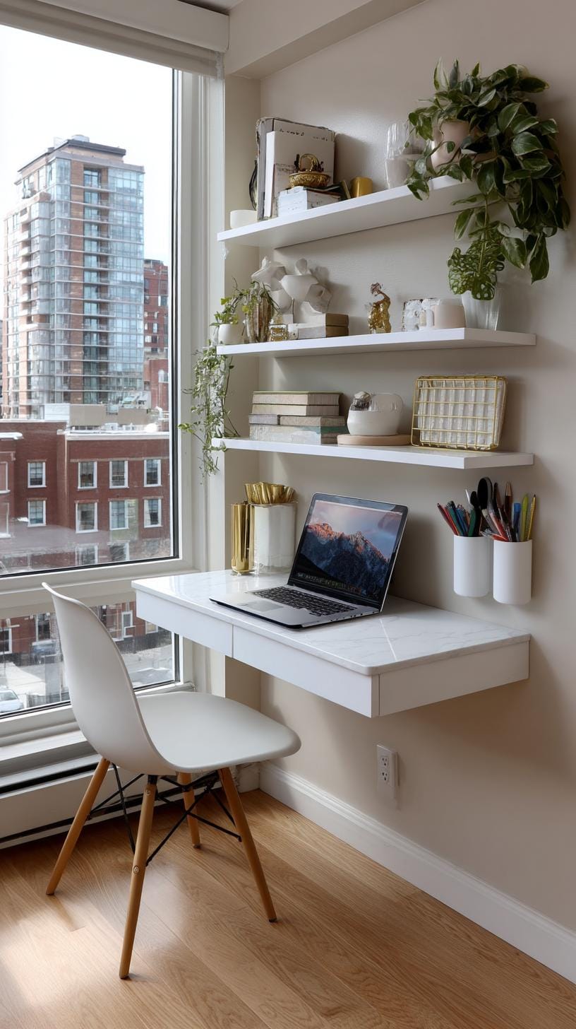 31 Home Office Ideas to Upgrade Your Work From Home Setup 9 2. Floating wall desk for small space efficiency-2