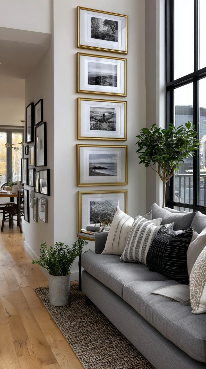37 Gallery Wall Decor Ideas: Layouts And Styles to Elevate Any Room 9 3. Floor to ceiling column made of a tall narrow vertical row of photos-0