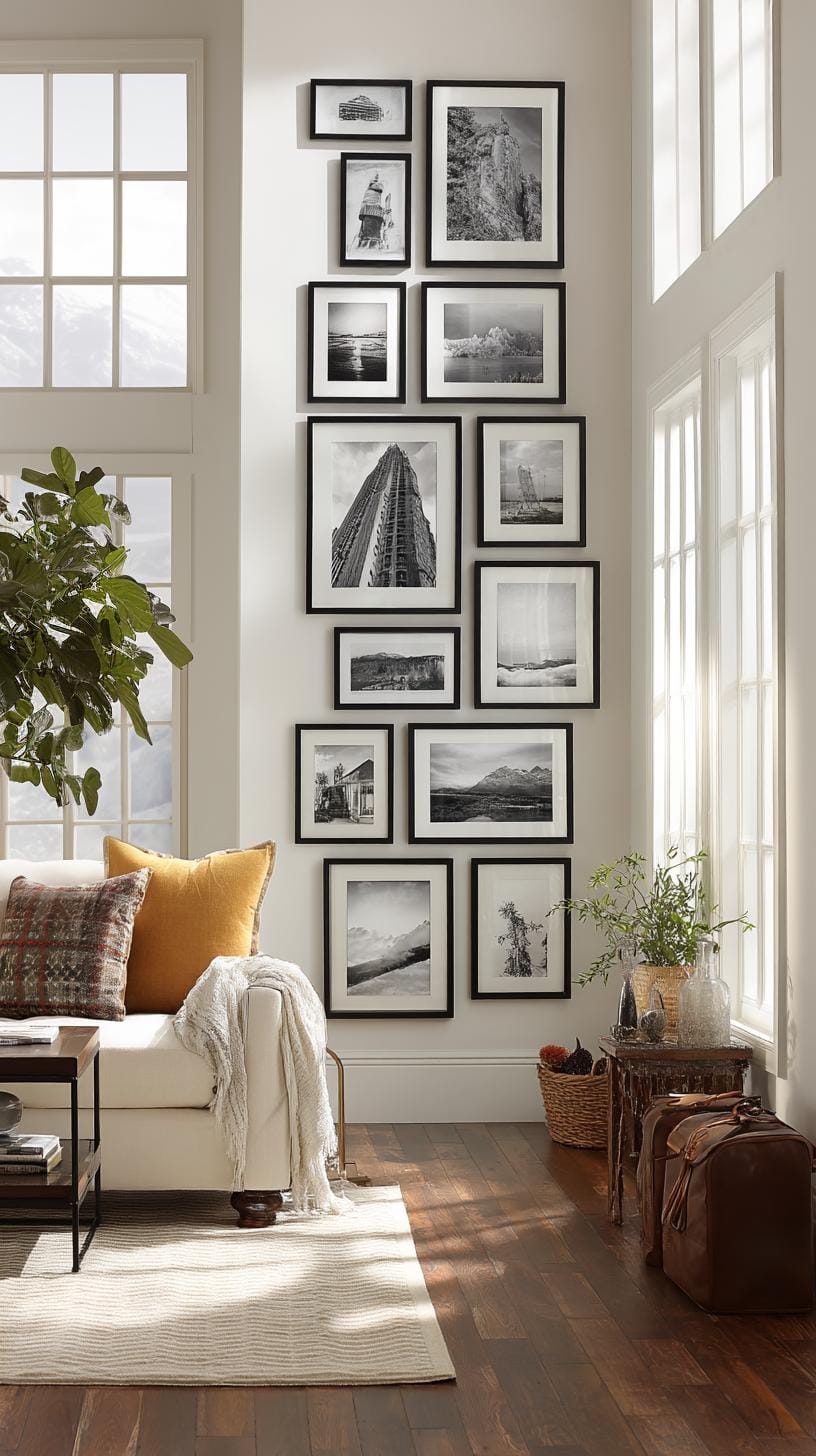 37 Gallery Wall Decor Ideas: Layouts And Styles to Elevate Any Room 10 3. Floor to ceiling column made of a tall narrow vertical row of photos-1