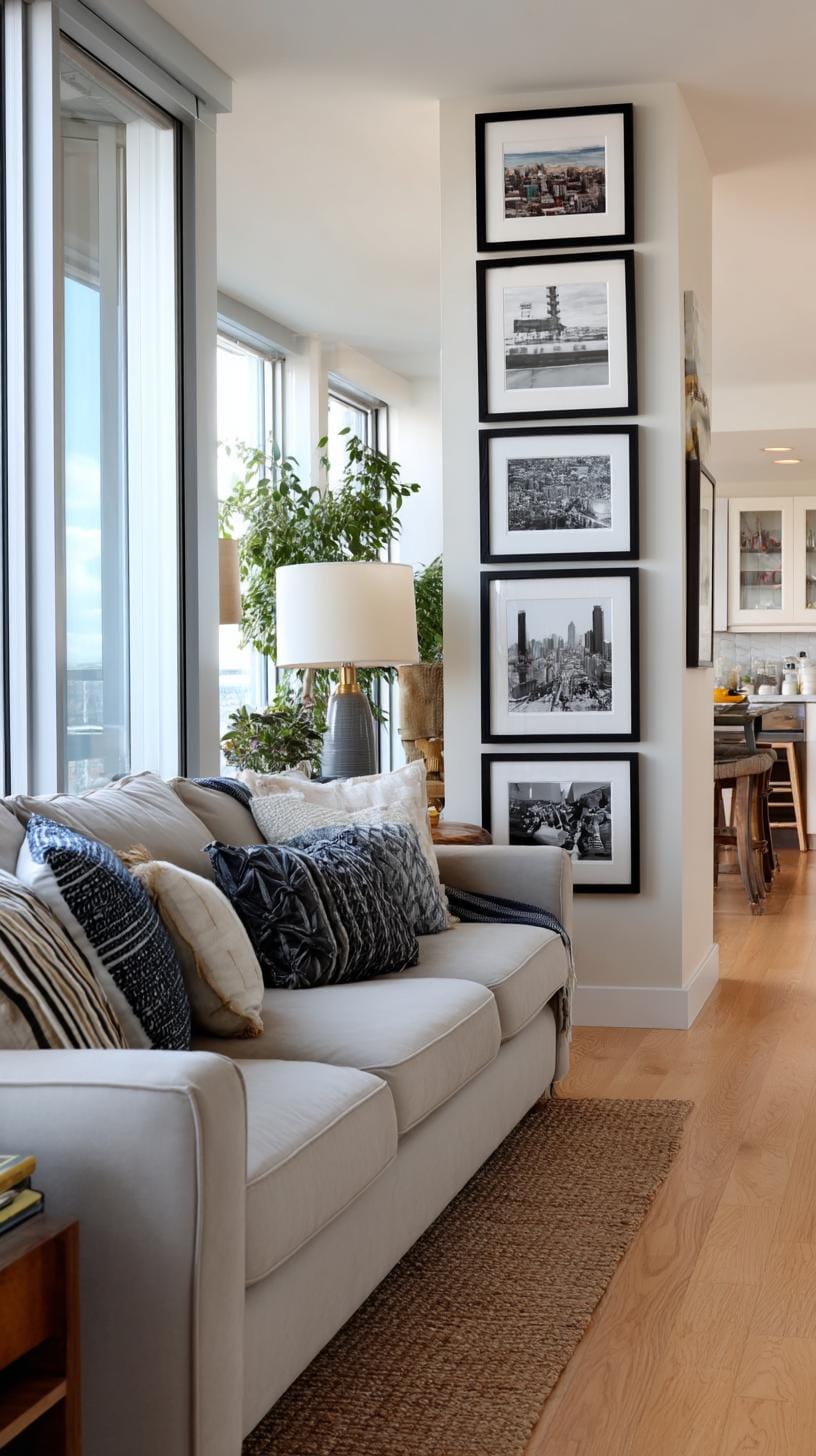 37 Gallery Wall Decor Ideas: Layouts And Styles to Elevate Any Room 11 3. Floor to ceiling column made of a tall narrow vertical row of photos-2