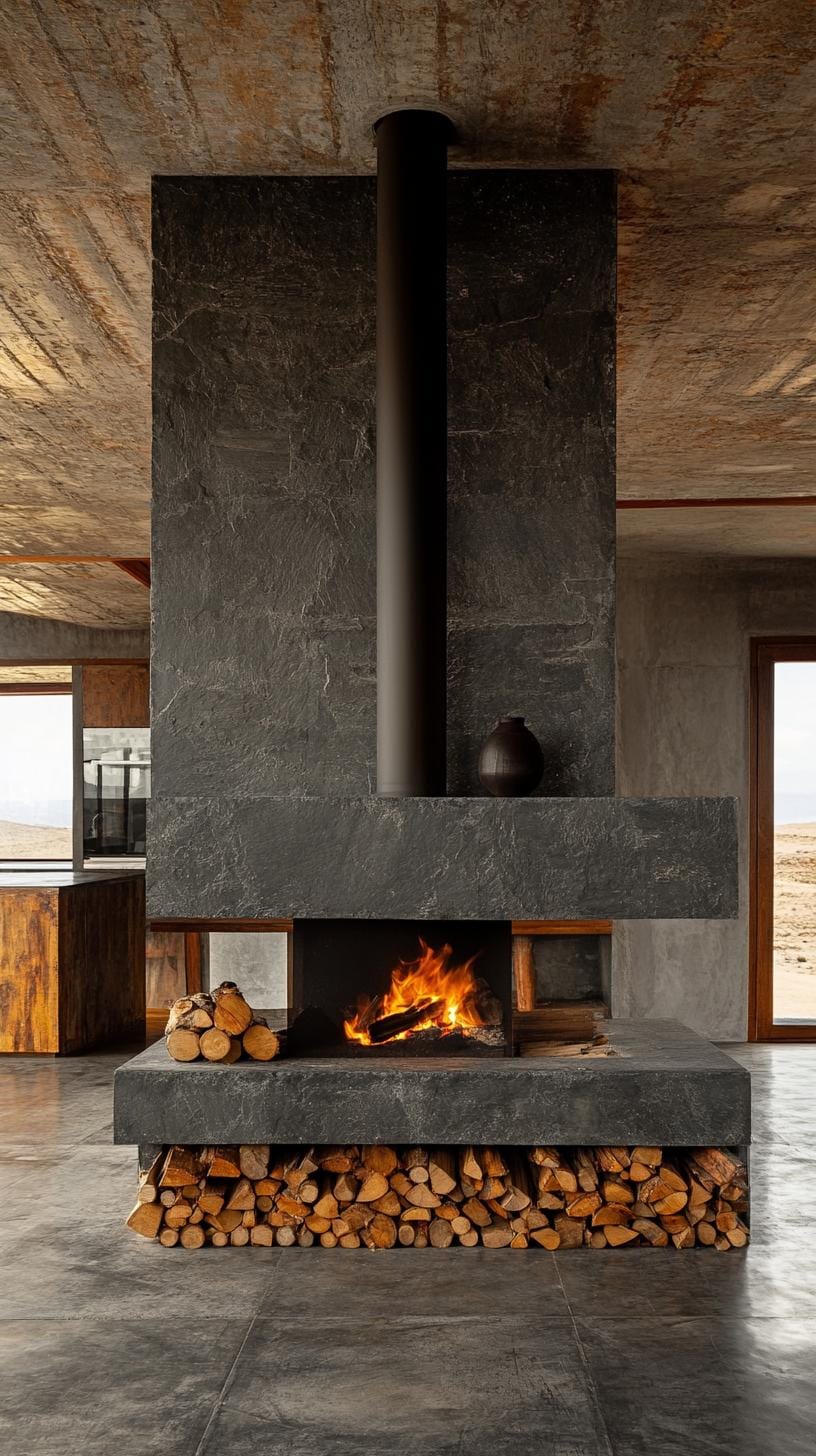 20 breathtaking mid-century modern fireplace-Makeover ideas 37 37 13. Floor to the ceiling gray slate skam with asymmetrical wooden memory-1