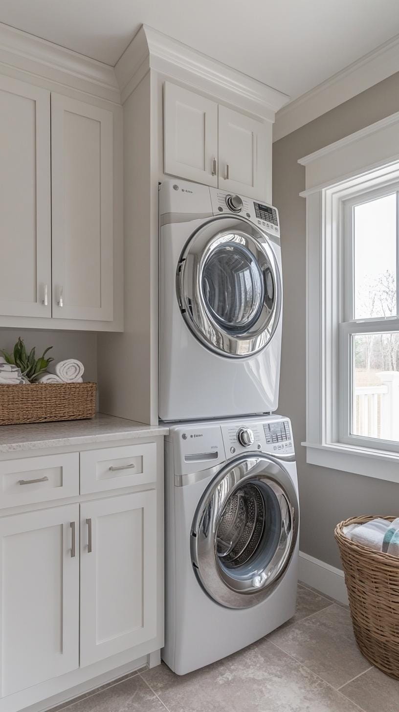 20 Genius Tiny laundry kitchen ideas: organization & stacked design 12 5. Floor to decreasing white cupboards with integrated washing machine-dry-column-0