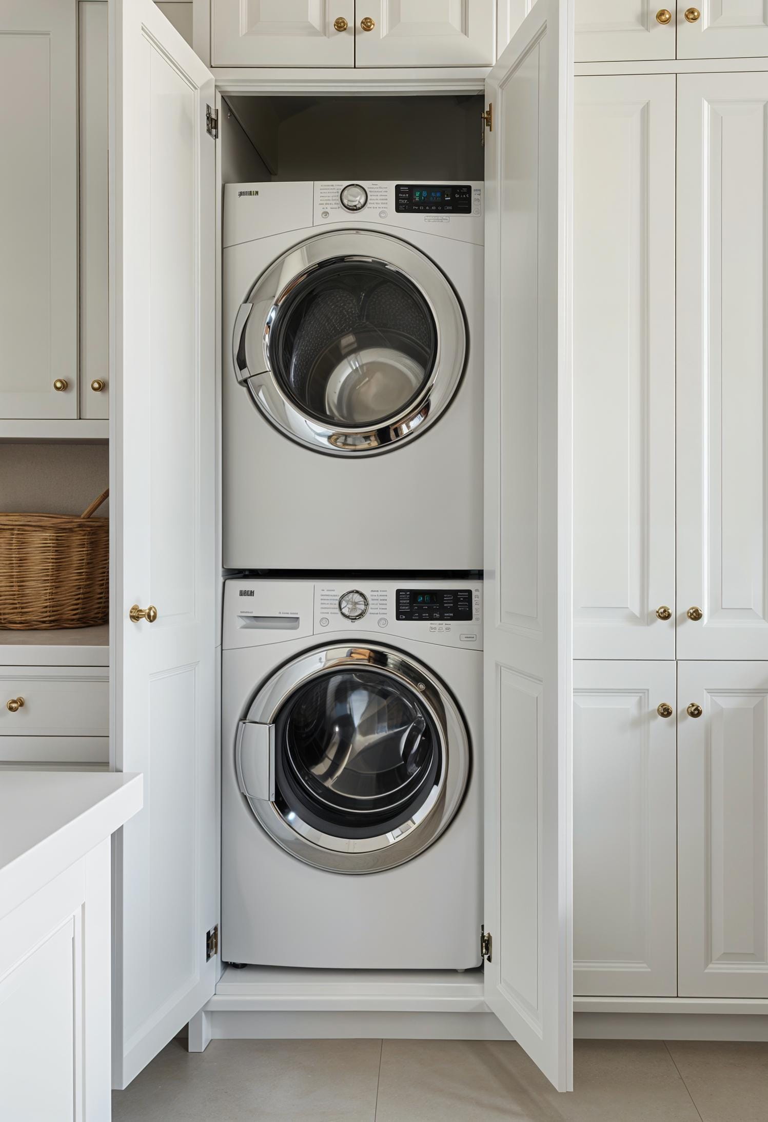 20 Genius Tiny Waundry Room Ideas: Organization & Stacked Design 13 5. Floor to decreasing white cupboards with integrated washing machine-dry-column-1