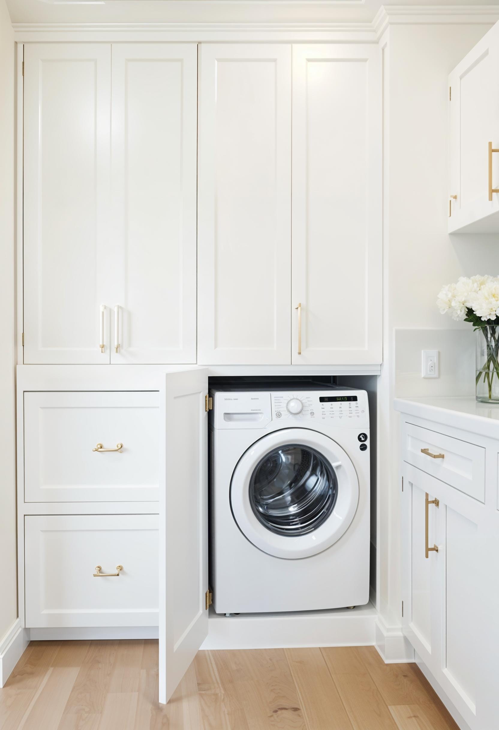 20 Genius Tiny laundry kitchen Ideas: Organization & Stacked Design 14 5. Floor to decreasing white cupboards with integrated washing machine-drug column-2