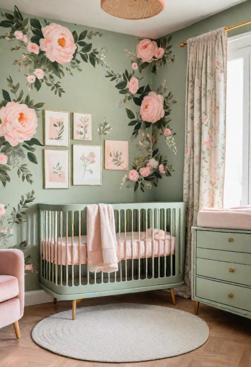 45 Serene Sage Green Nursery Ideas: Calming and Chic Inspirations 3 1. Floral Accent Wall Inspiration-0