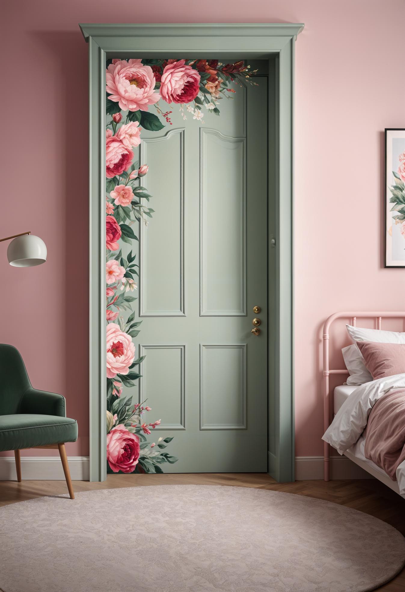 31 Chic Sage Green and Pink Bedroom Inspirations 37 25. Floral Sage Pink Bedroom Door-0