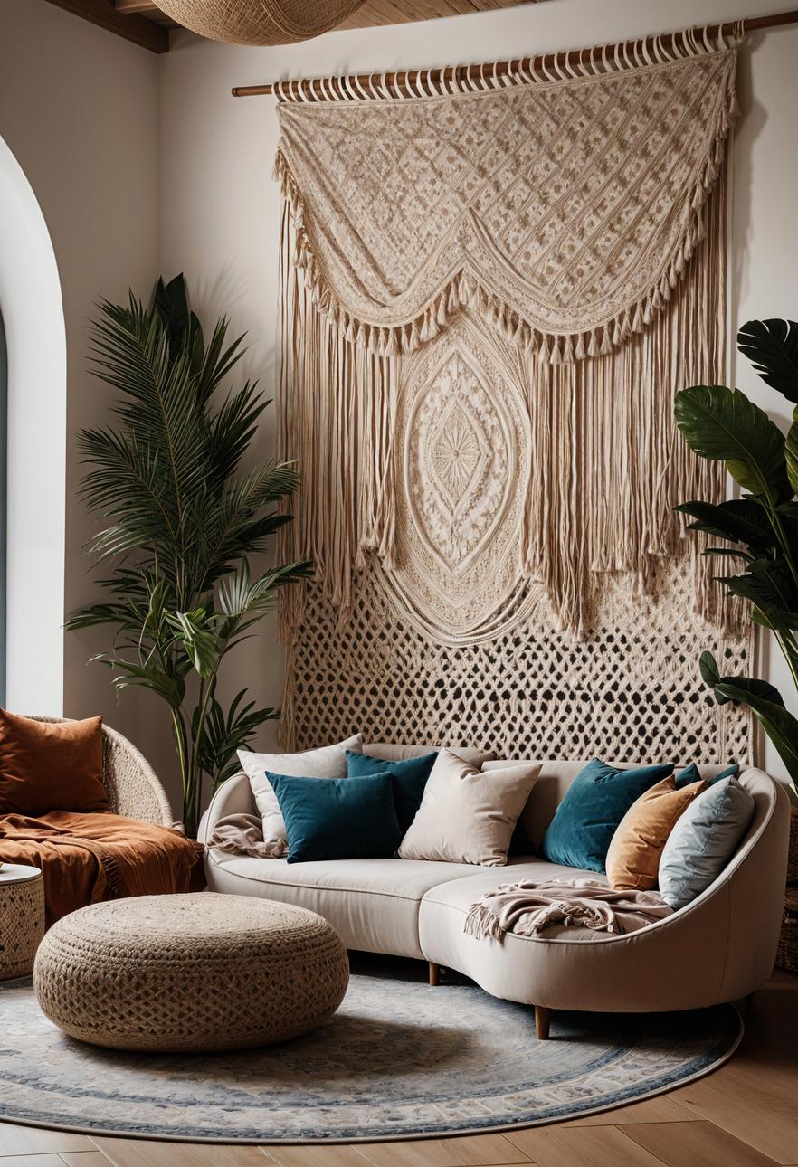 45 Chic & Modern Boho Living Room Ideas To Copy 61 27. Fluid Curved Sofa Layout-0