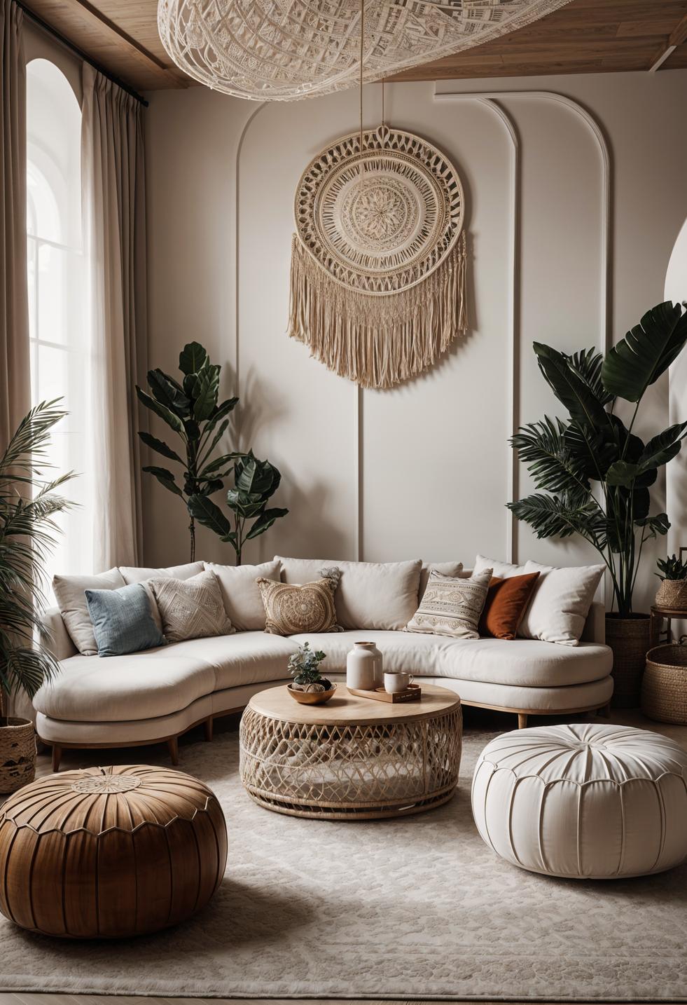 45 Chic & Modern Boho Living Room Ideas To Copy 62 27. Fluid Curved Sofa Layout-1