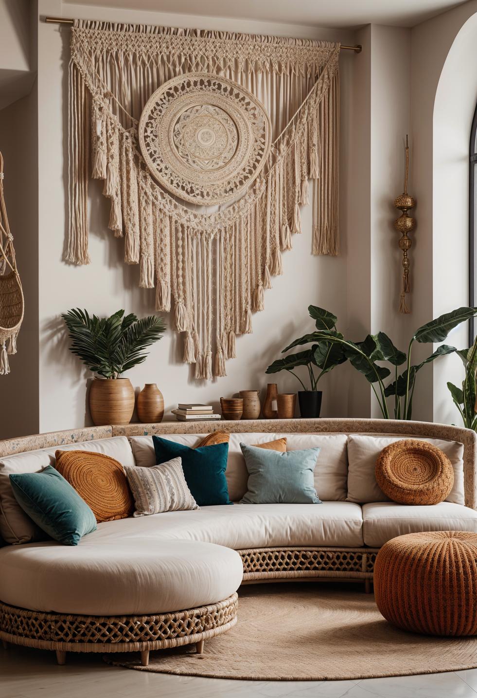 45 Chic & Modern Boho Living Room Ideas To Copy 63 27. Fluid Curved Sofa Layout-2