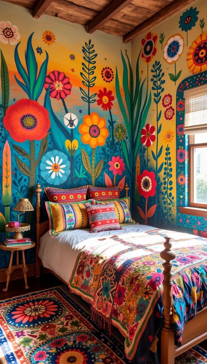 21 colorful boho bedroom ideas for a bizarre hippie vibe 28 10. Folk art fusion: Paint living folk art wall paintings against a neutral backdrop to let the colors sparkle.
