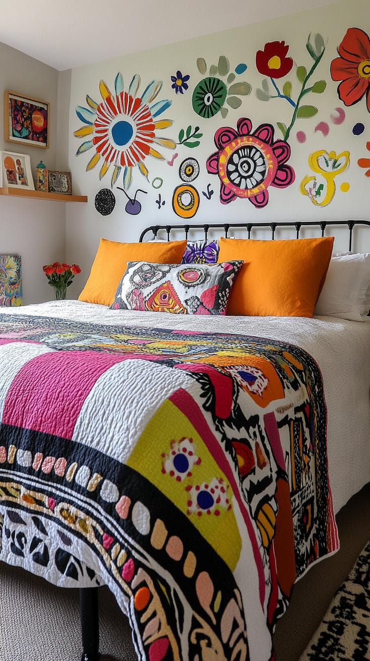 21 colorful boho bedroom ideas for a bizarre hippie mood 30 10. Folk art fusion: Paint living folk art wall paintings against a neutral backdrop to let the colors sparkle 2
