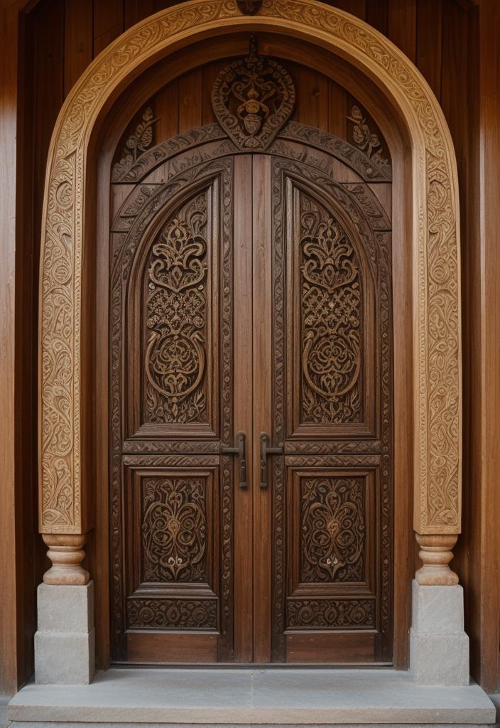 29 Stunning Wooden Door Designs for Main Entrances 8 4. Folk-inspired Carved Door Design-0