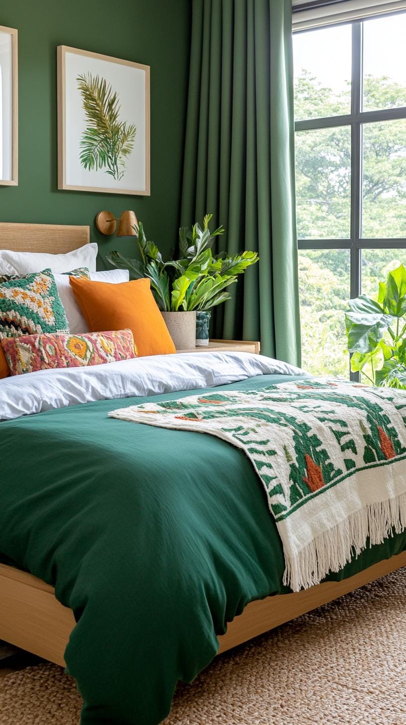 25 einzigartige Salbei grüne Boho Schlafzimmer Ideen für 2025 56 18. Forest Fantasy: Mischen Sie tiefe Waldgrün mit Salbei an Fenstervorhängen und Bettwäsche, um Woodland Charm-0 zu erinnern