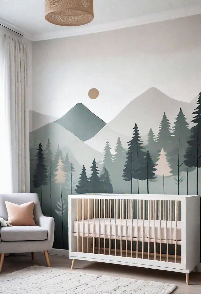 37 Sleek Minimalist Nursery Ideas: Modern, Serene Designs 9 6. Forest Mural in Minimalist Nursery-0