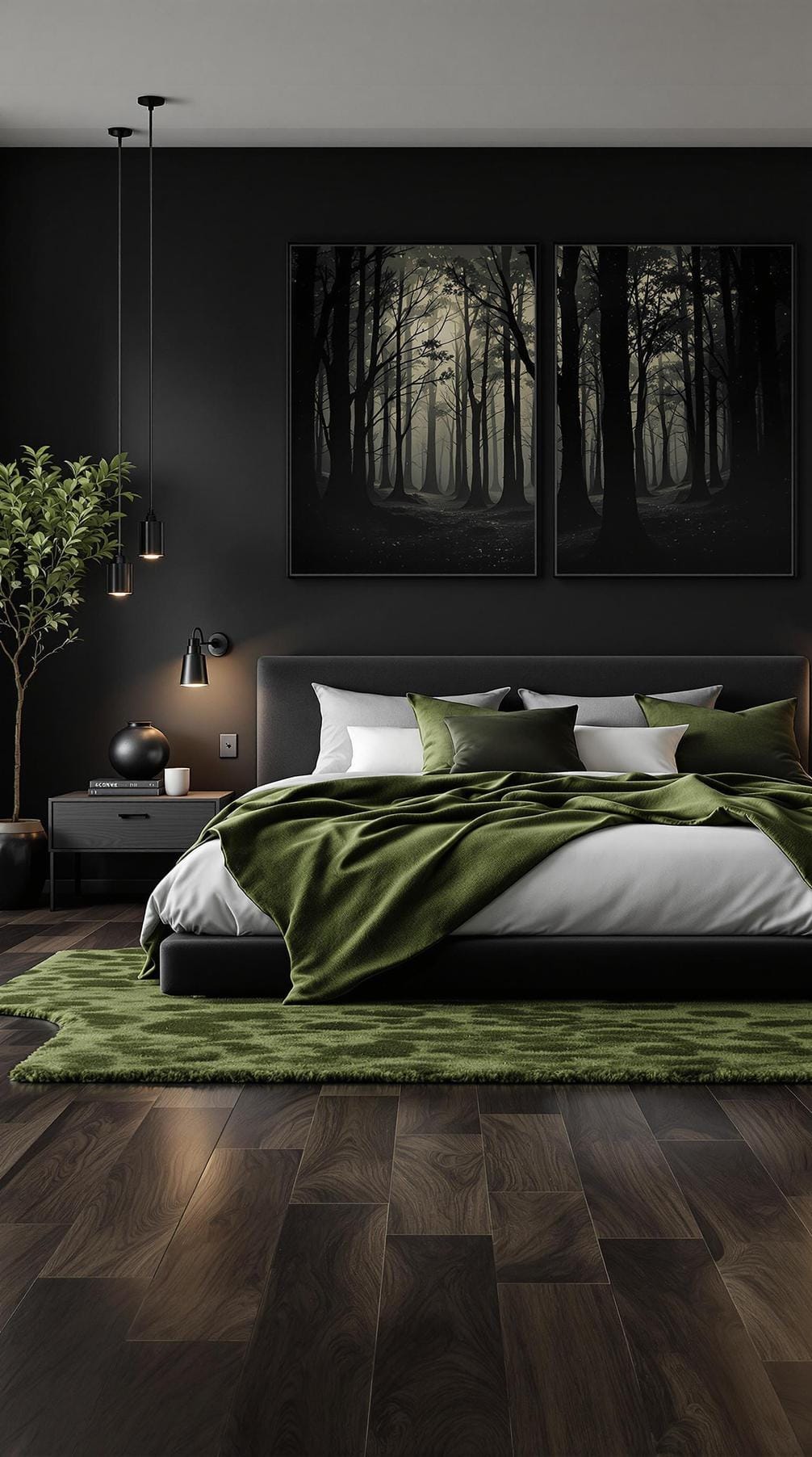 20 elegant black and green bedroom ideas that you have to see 12 4. Waldnoir: combination of dark wooden floors with green moss carpets and black wall art-0