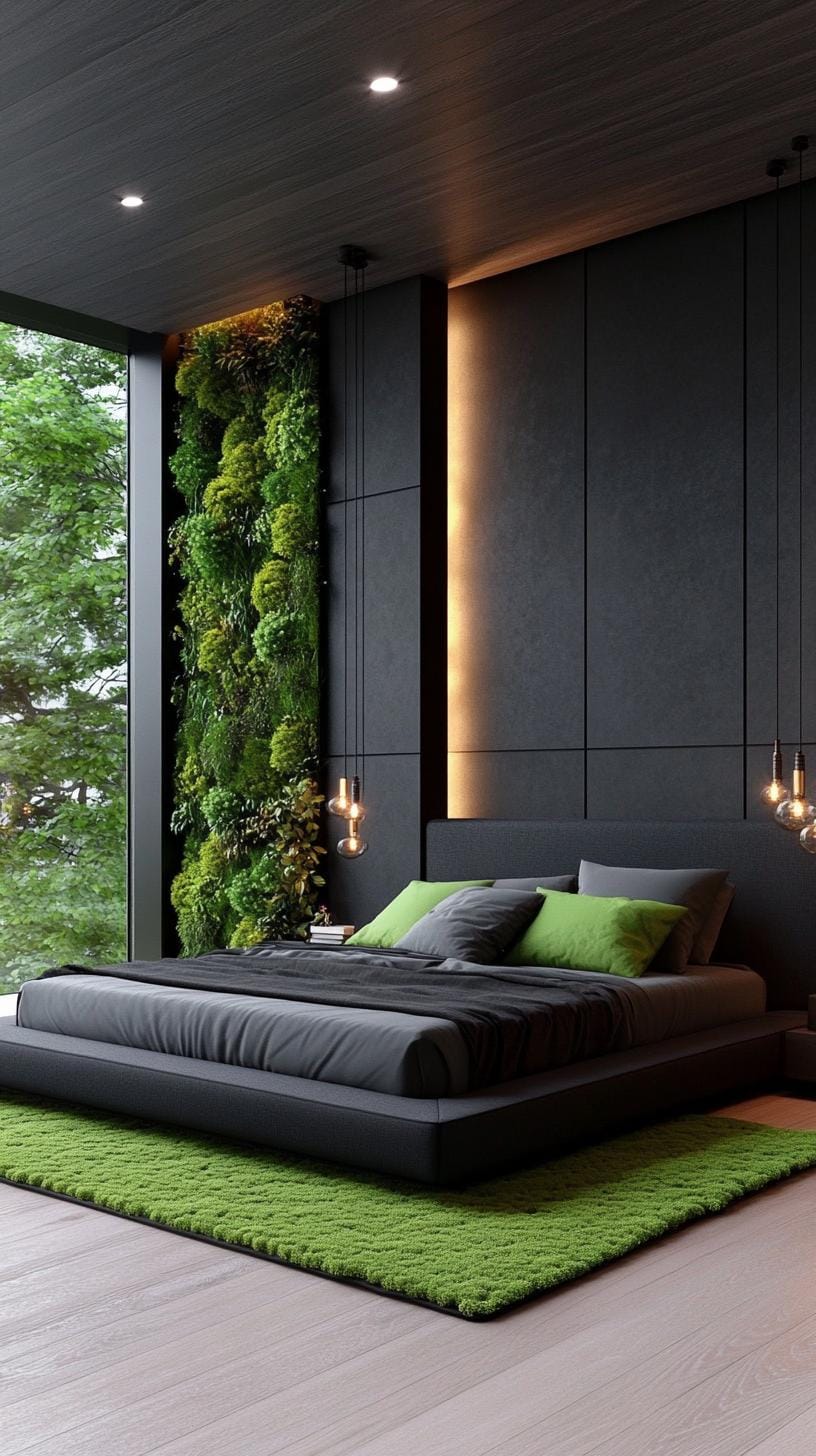 20 elegant black and green bedroom ideas that you have to see 13 4. Waldnoir: Combination of dark wooden floors with green moss carpets and black wall art-1