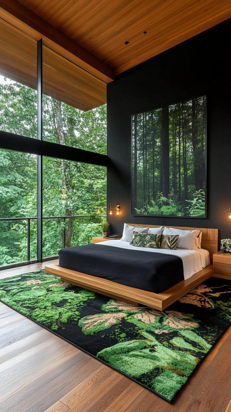 20 elegant black and green bedroom ideas that you have to see 14 4. Waldnoir: combination of dark wooden floors with green moss carpets and black wall-like-2
