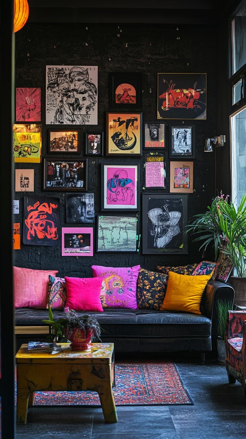 37 Gallery Wall Decor Ideas: Layouts And Styles to Elevate Any Room 19 6. Frame free art wall with art taped or pinned directly without frames-1