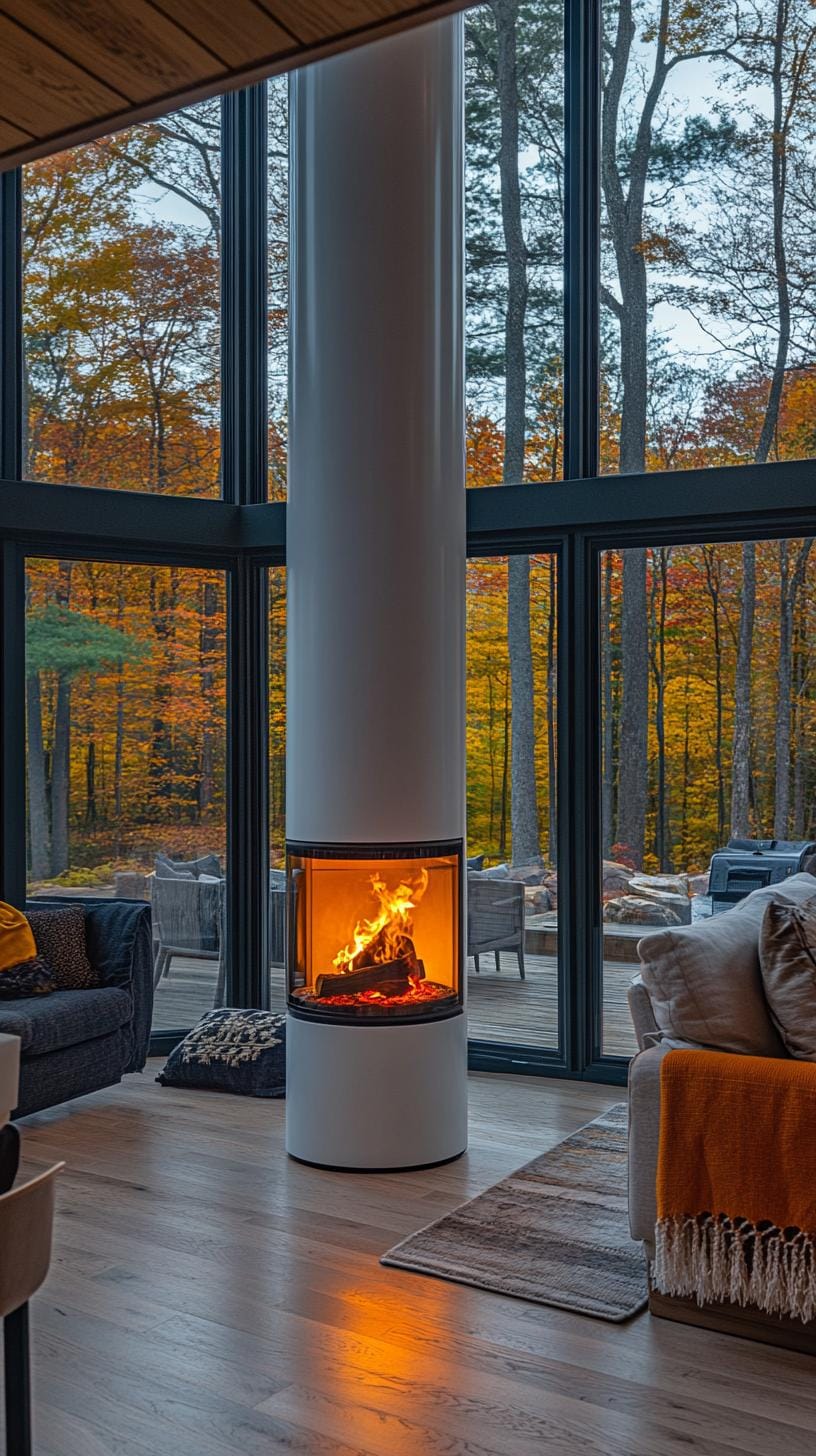 20 breathtaking middle of the century of modern fireplace-Makeover ideas 40 15. Freestanding white cylindrical fireplace against glass wall background-0