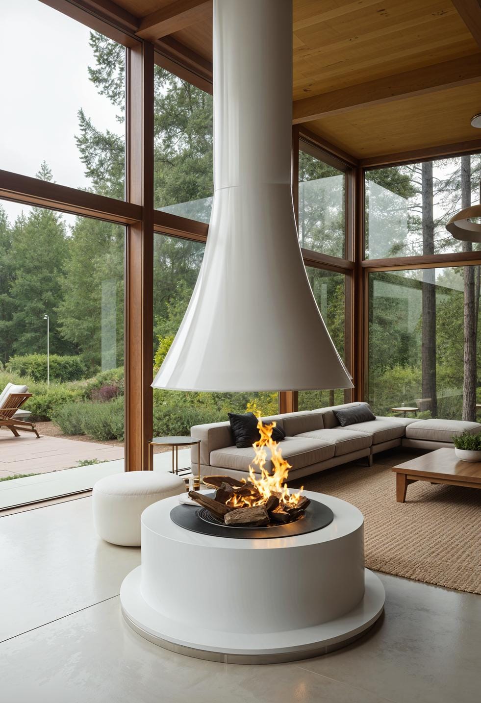 20 breathtaking mid-century modern fireplace-Makeover ideas 41 15. Freestanding white cylindrical fireplace against glass wall background 1