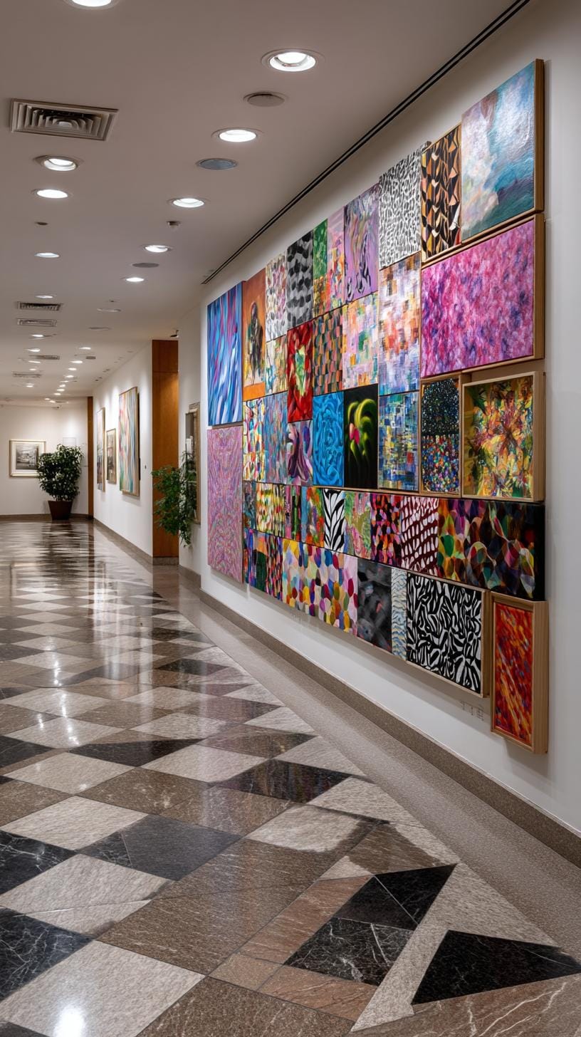 37 Gallery Wall Decor Ideas: Layouts And Styles to Elevate Any Room 112 37. Full wall color coordinated mosaic made from dozens of pieces in one color palette-2