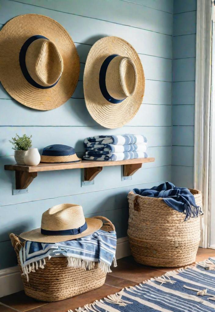 43 Inspiring Coastal Living Room Ideas 39 37. Functional Coastal Decor: Beach Towel & Straw Hat Wall-0
