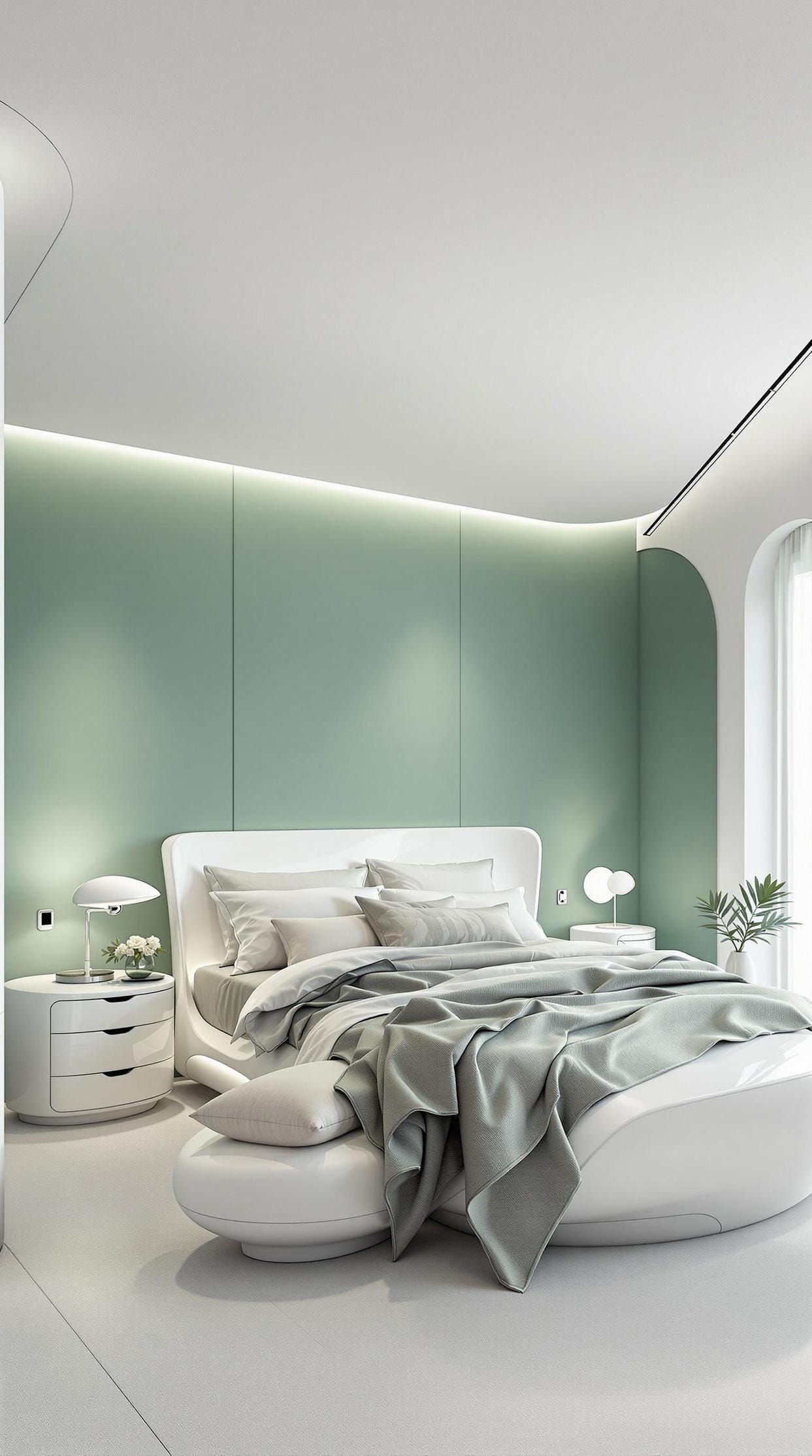 25 Trendy Sage Green Schlafzimmer Ideen für 2025 42 13. Futuristischer Loft mit weisen grünem Akzentwänden und schlankem, minimalistischem Design-0